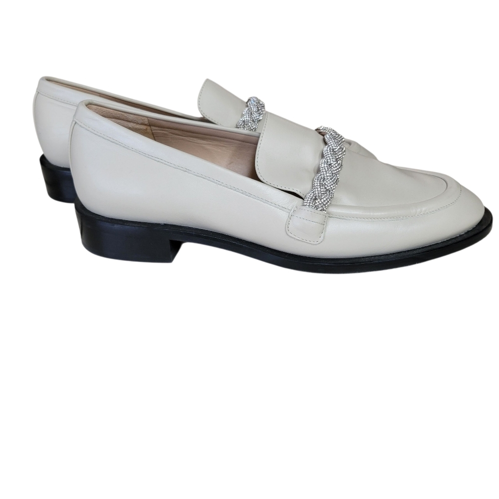 Stuart Weitzman Cream Leather Loafers with Braided Silver Accent